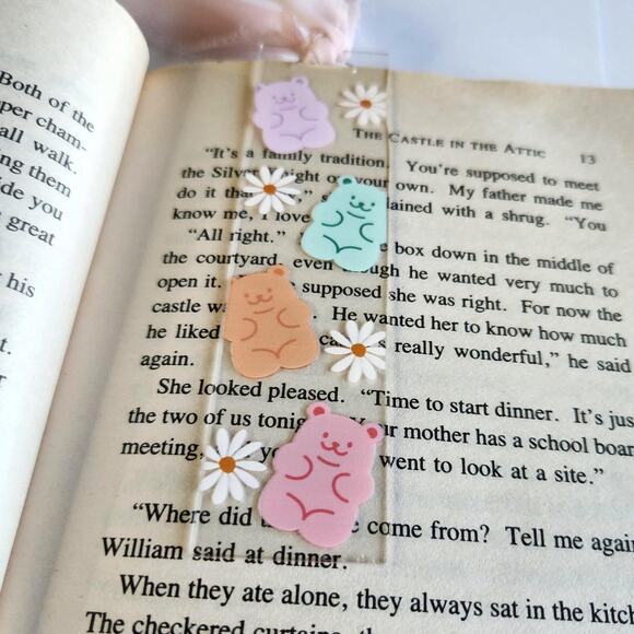 Gummy Bear Print Funny Bookmark Ribbon Bow Clear Acrylic Coquette Bookish Gift - Picture 4 of 13